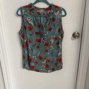 Daniel Rainn Teal Sleeveless Floral Tie-Neck Camisole with Red Blooms